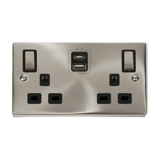 Click Scolmore Satin Chrome 2 Gang Socket with Twin Type A & C USB