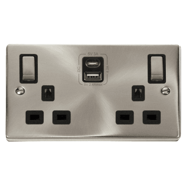 Satin Chrome 2 Gang Socket with Twin Type A & C USB