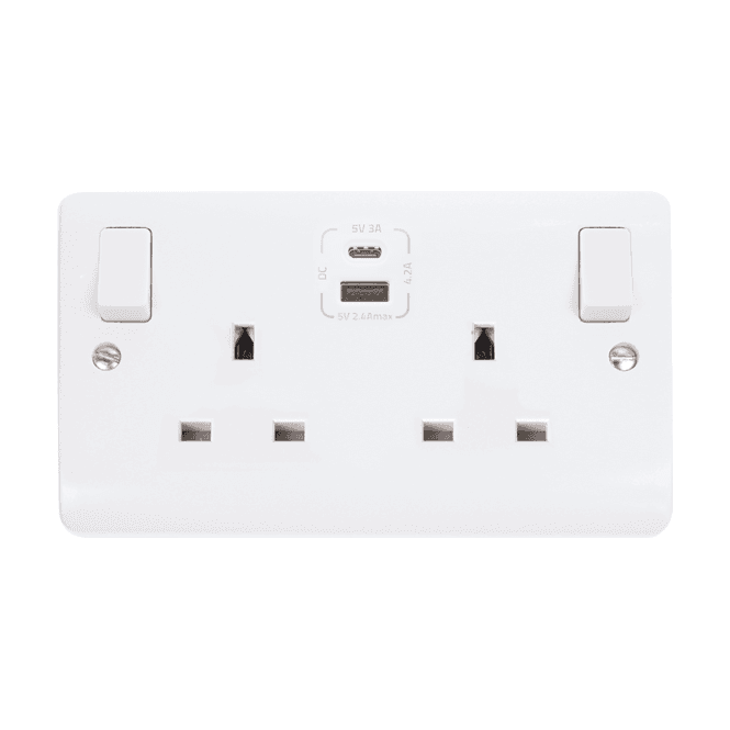 Click Scolmore White 2 Gang Socket with Twin Type A & C USB