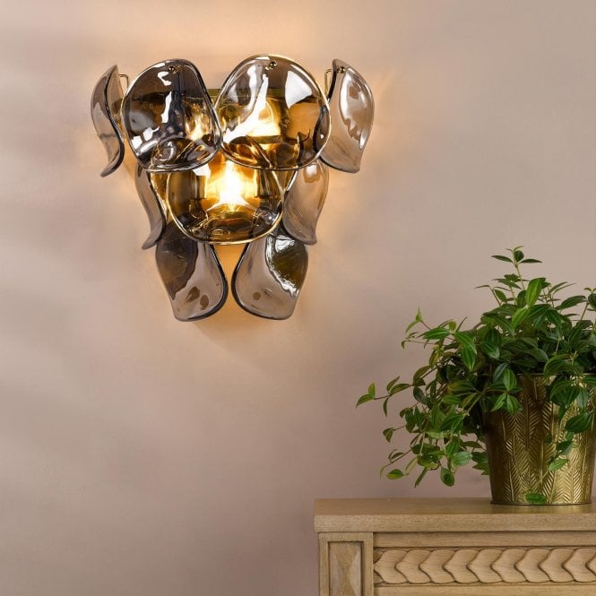 där lighting Genoa Natural Brass & Smoked Glass Wall Light