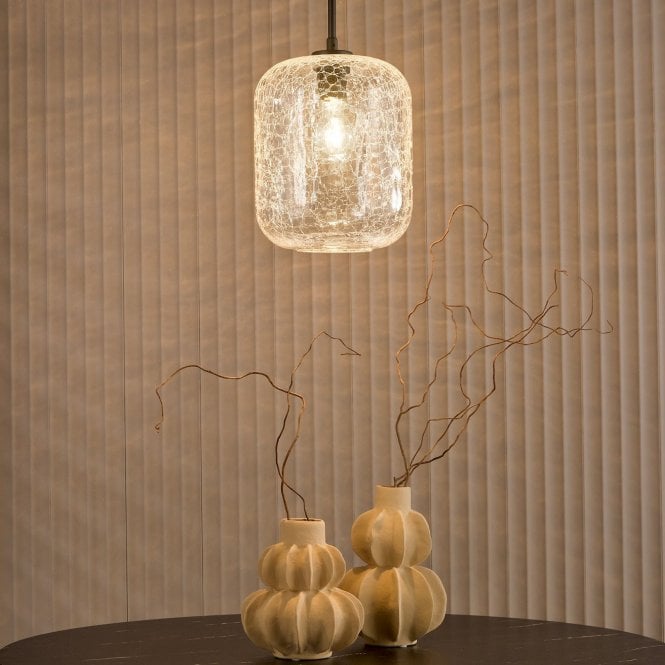 där lighting Tavia Matt Black Single Pendant with Crackle Glass